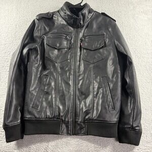 Levi Leather Aviator Bomber Jacket Mens Medium Black Sherpa Lined Faux
